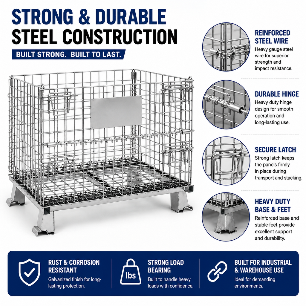 Collapsible Galvanized Wire Mesh Container | Stackable Metal Storage Stillage Cage Warehouse Pallet Bin with Front Gate