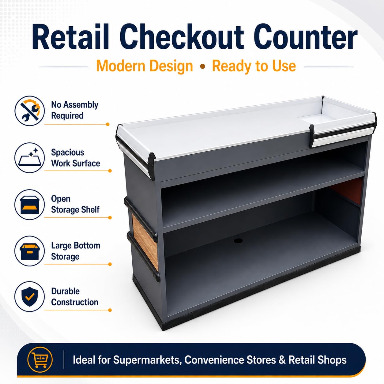 Fully Assembled Supermarket Checkout Counter, Stainless Steel Top Cashier Station Left & Right Version