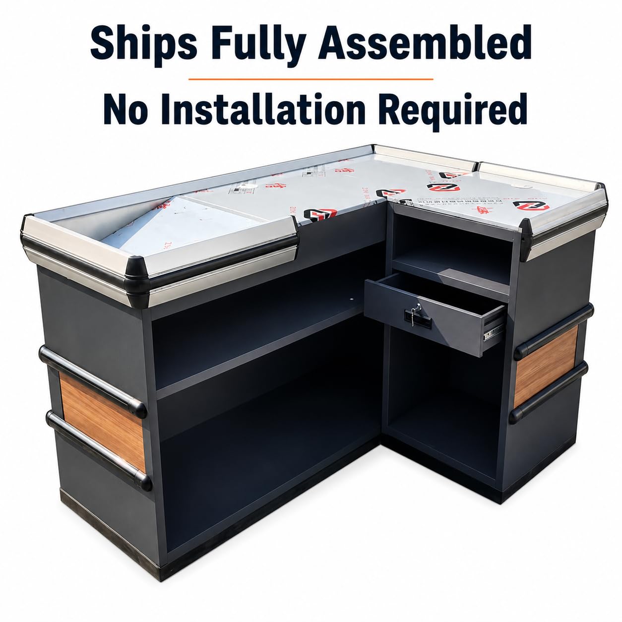 Fully Assembled Supermarket Checkout Counter, Stainless Steel Top Cashier Station Left & Right Version