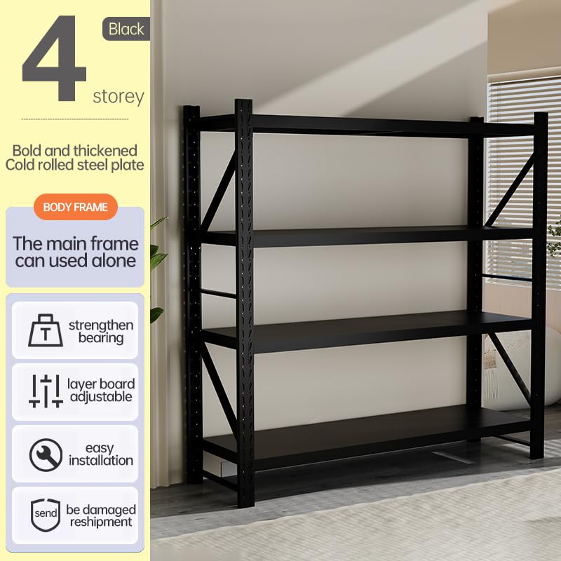 Black 4-Tier Heavy Duty Metal Storage Rack, Adjustable Warehouse Shelving Unit