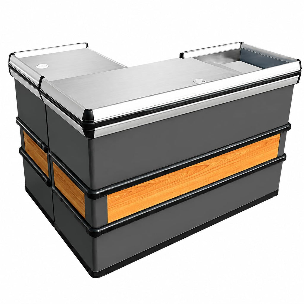 Fully Assembled Supermarket Checkout Counter, Stainless Steel Top Cashier Station Left & Right Version