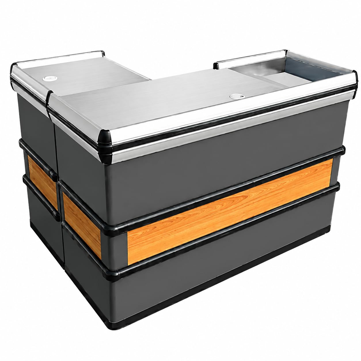 Fully Assembled Supermarket Checkout Counter, Stainless Steel Top Cashier Station Left & Right Version