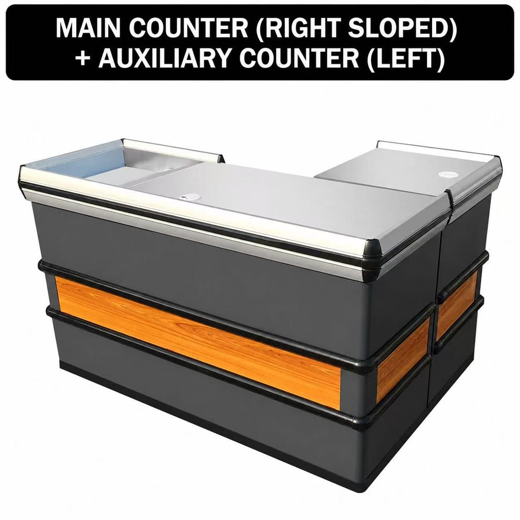Fully Assembled Supermarket Checkout Counter, Stainless Steel Top Cashier Station Left & Right Version