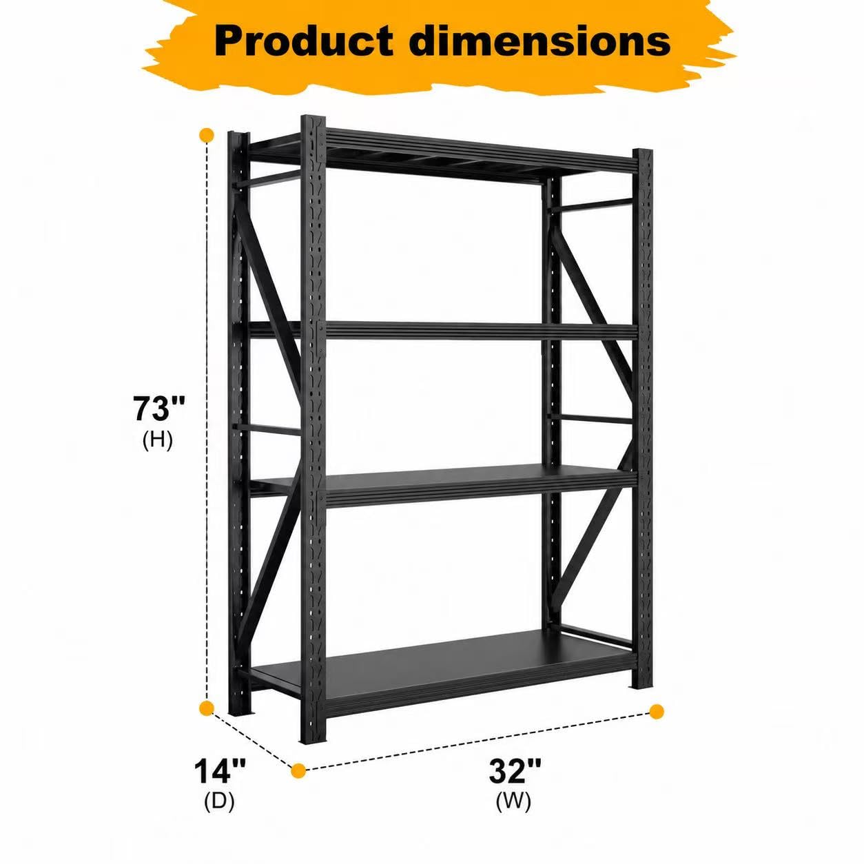 Black 4-Tier Heavy Duty Metal Storage Rack, Adjustable Warehouse Shelving Unit