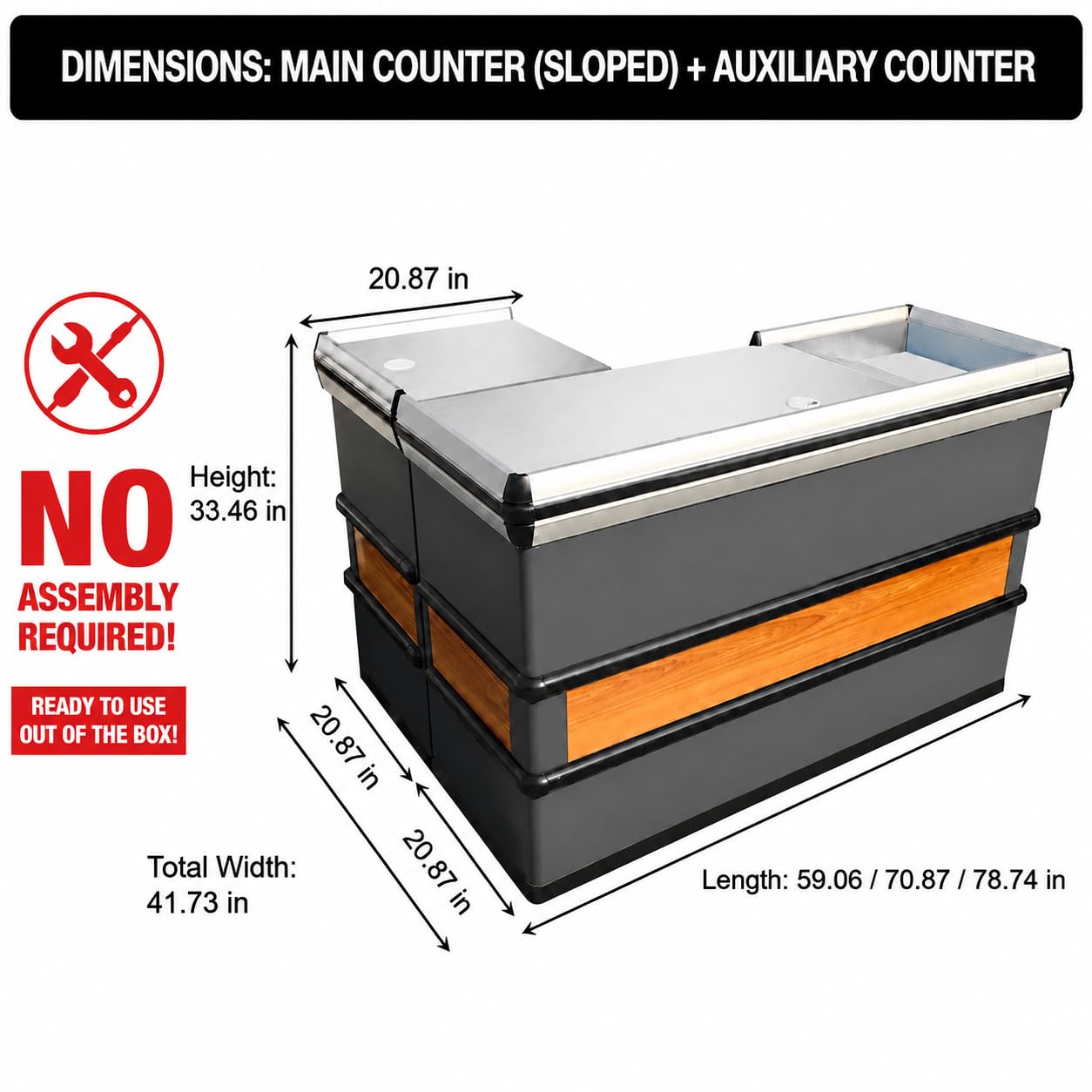 Fully Assembled Supermarket Checkout Counter, Stainless Steel Top Cashier Station Left & Right Version