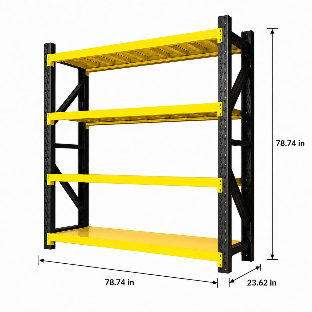 Black and yellow shelving dimension diagram: 78.74 W × 23.62 D × 78.74 H inches