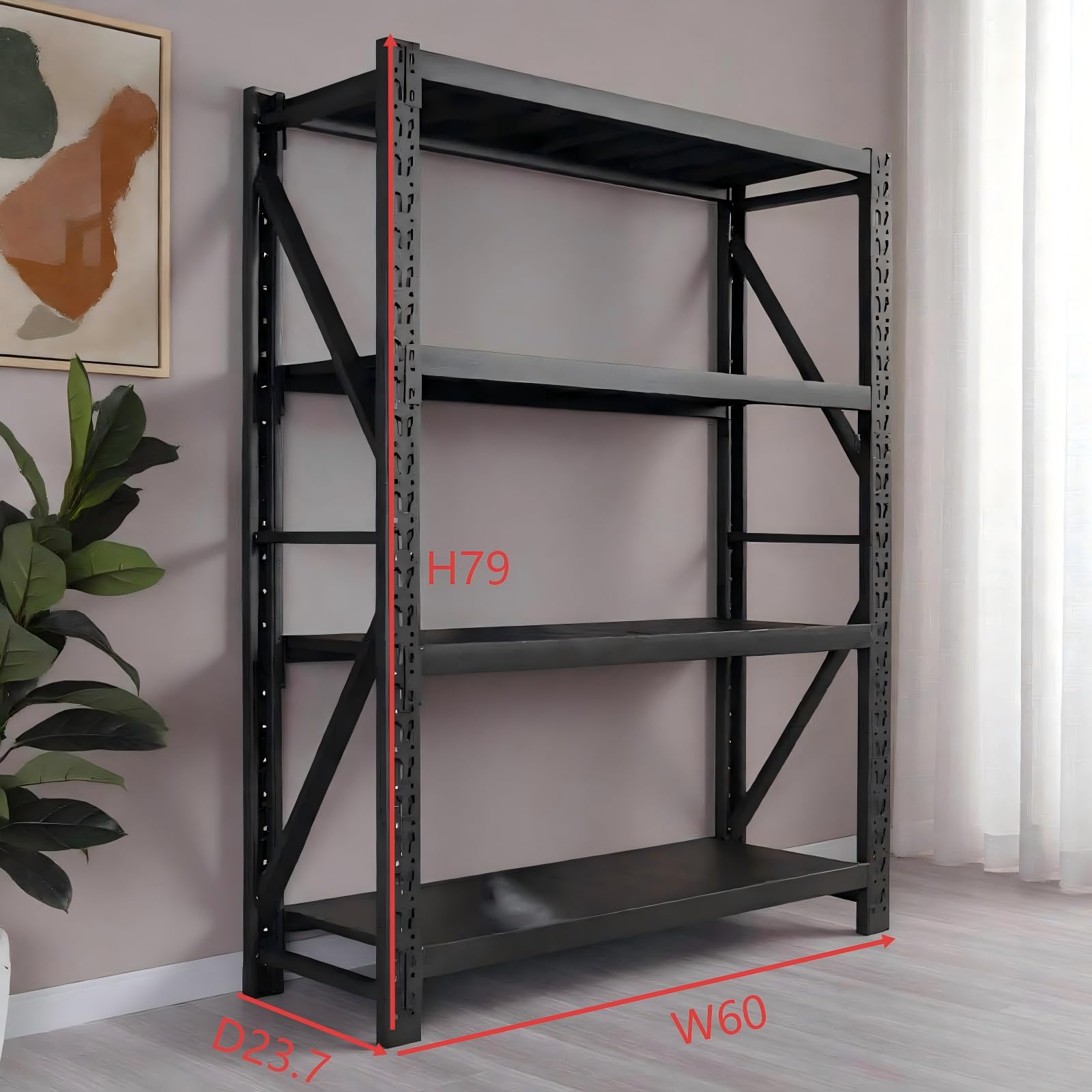 Black 4-Tier Heavy Duty Metal Storage Rack, Adjustable Warehouse Shelving Unit