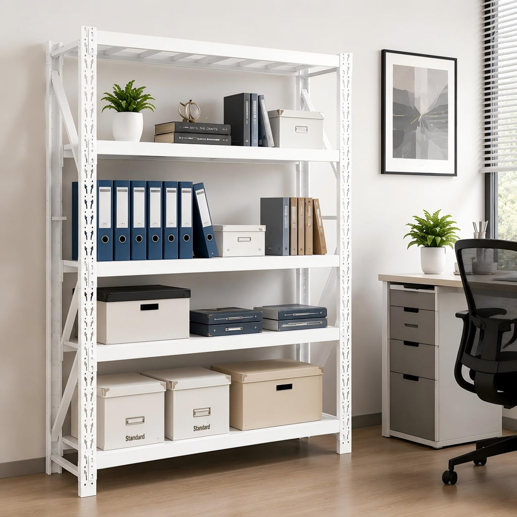4-Tier White Heavy Duty Adjustable Industrial Steel Shelving Unit, Warehouse Storage Rack with Solid Steel Deck Panels