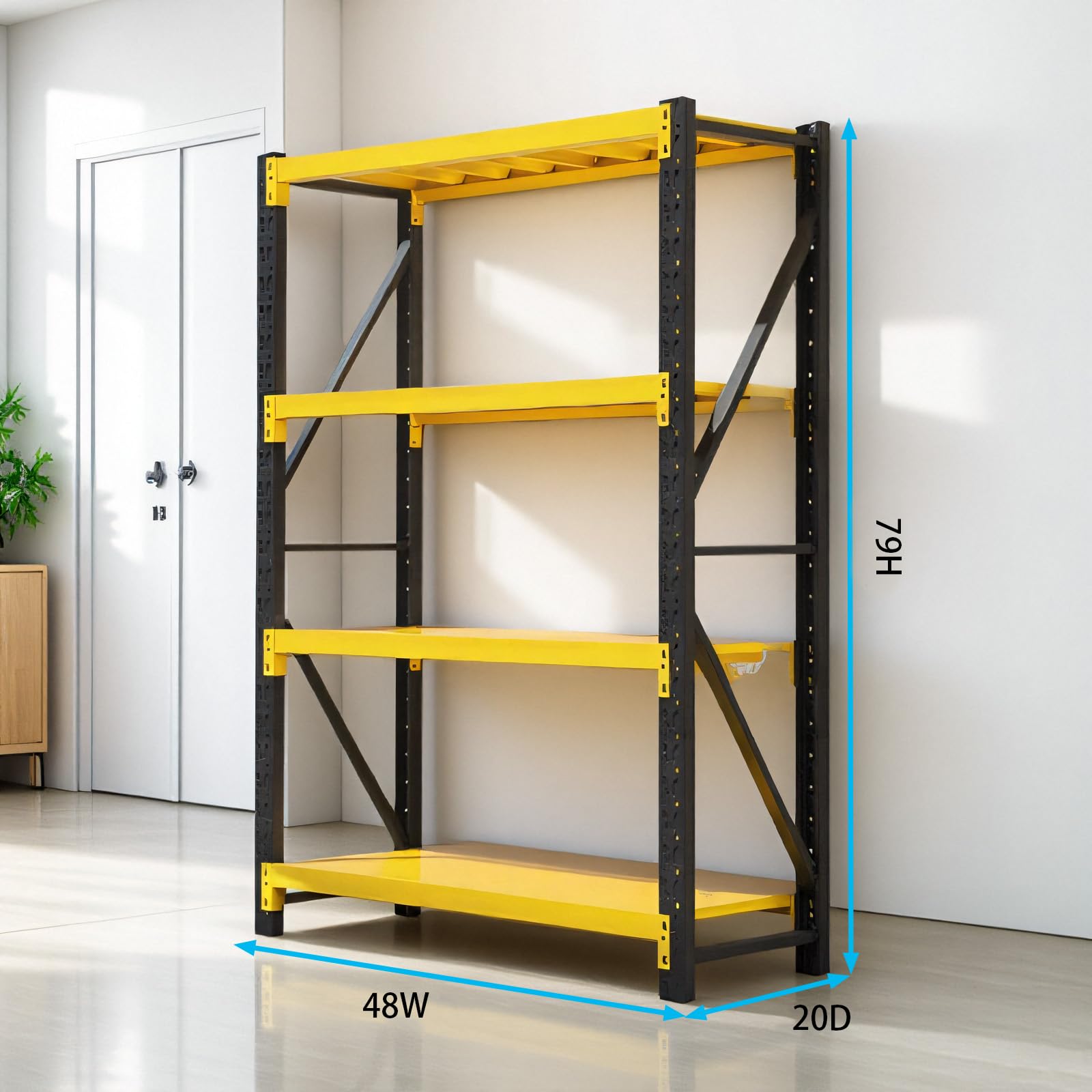 4-Tier Heavy Duty Teardrop Industrial Steel Shelving Unit, Black & Yellow Adjustable Warehouse Storage Rack with Steel Deck Panels