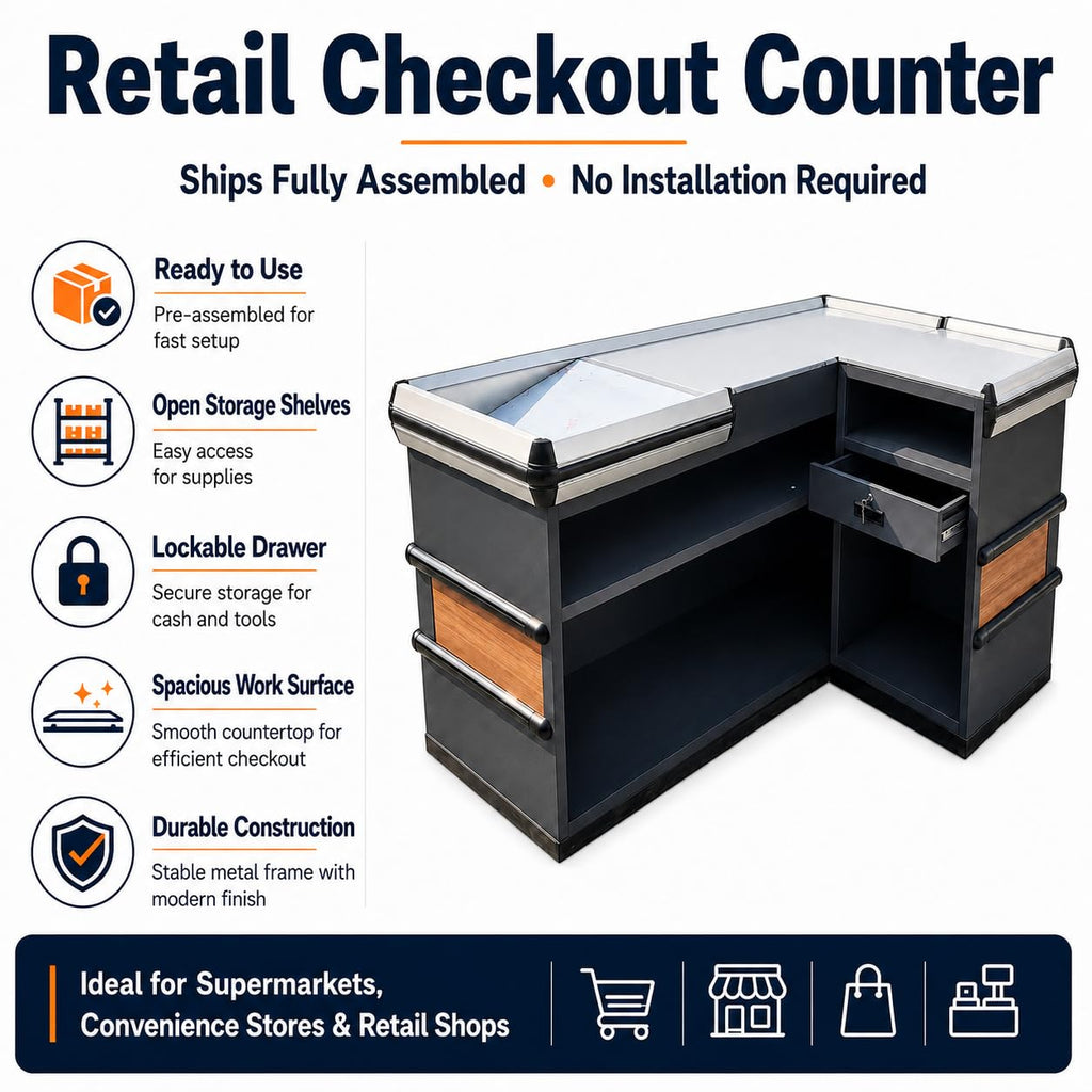 Fully Assembled Supermarket Checkout Counter, Stainless Steel Top Cashier Station Left & Right Version