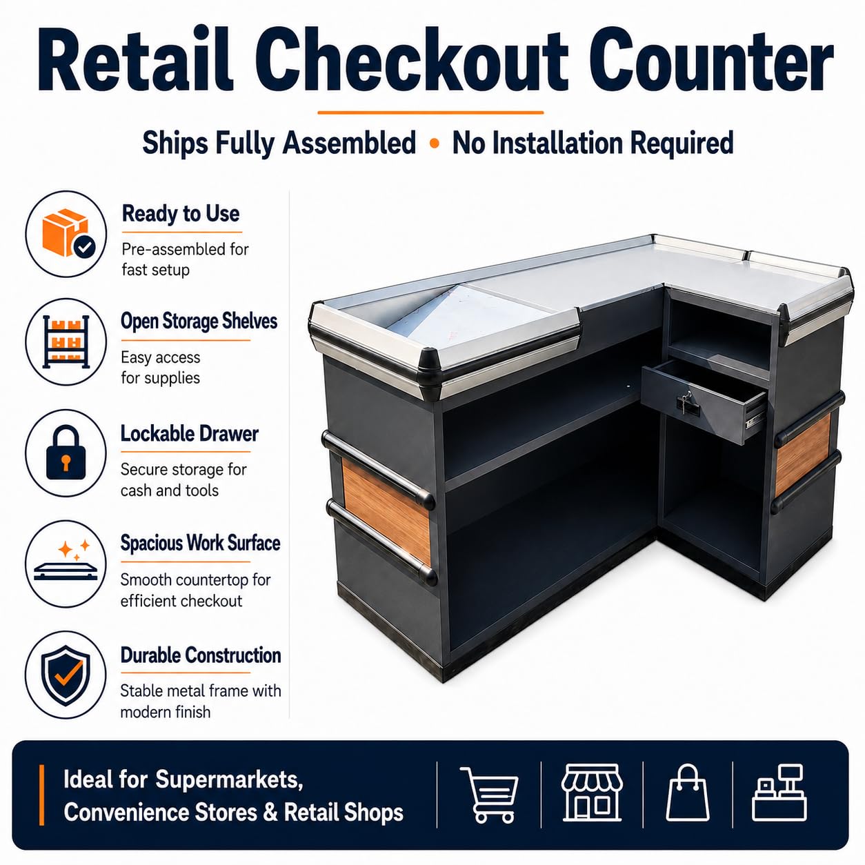 Fully Assembled Supermarket Checkout Counter, Stainless Steel Top Cashier Station Left & Right Version