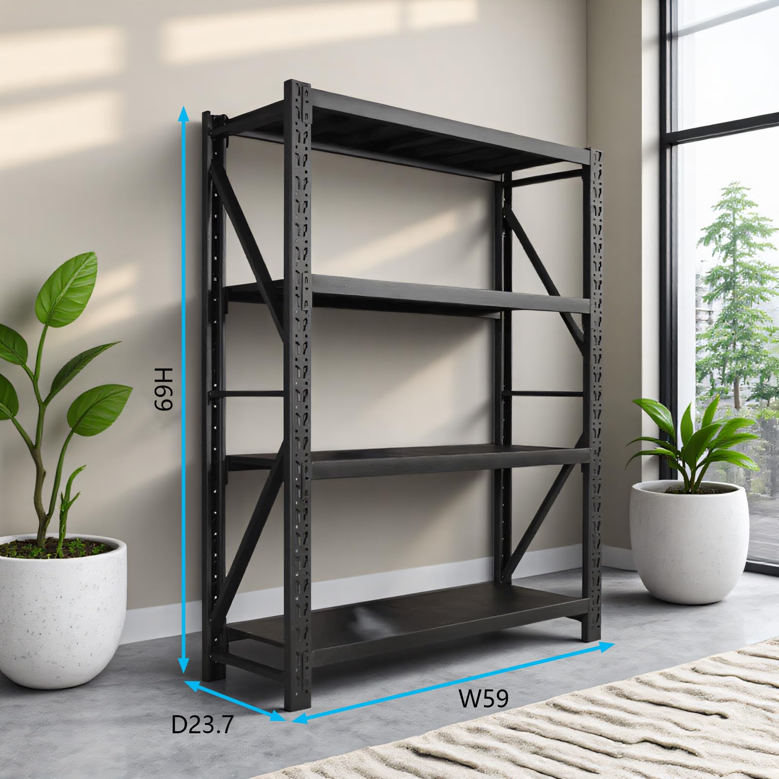Black 4-Tier Heavy Duty Metal Storage Rack, Adjustable Warehouse Shelving Unit