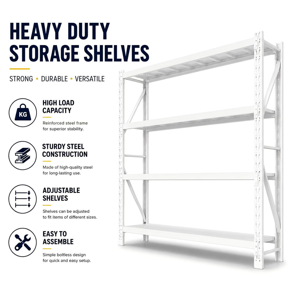 4-Tier White Heavy Duty Adjustable Industrial Steel Shelving Unit, Warehouse Storage Rack with Solid Steel Deck Panels