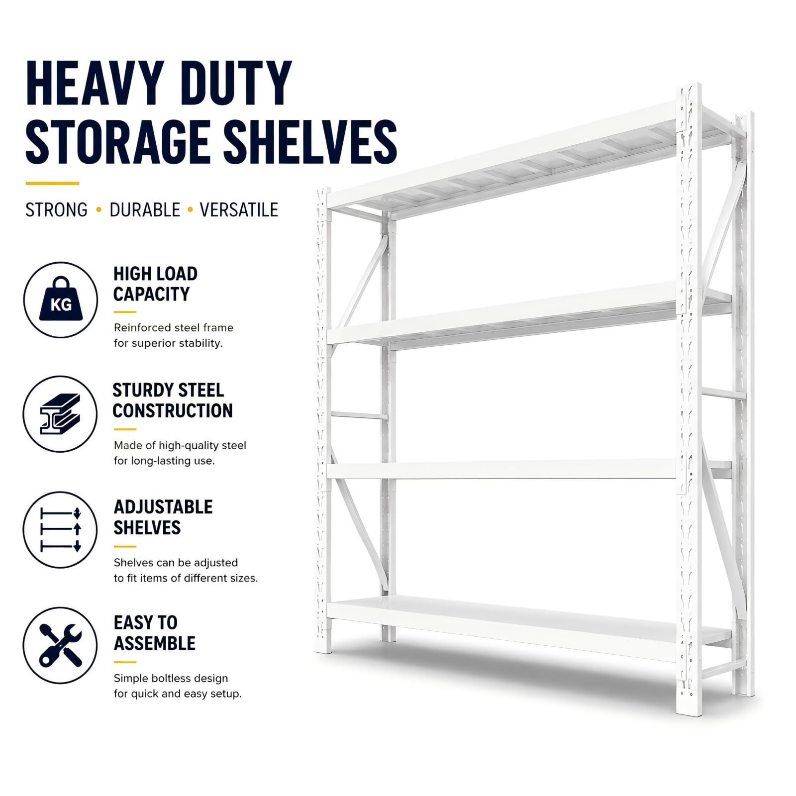 4-Tier White Heavy Duty Adjustable Industrial Steel Shelving Unit, Warehouse Storage Rack with Solid Steel Deck Panels
