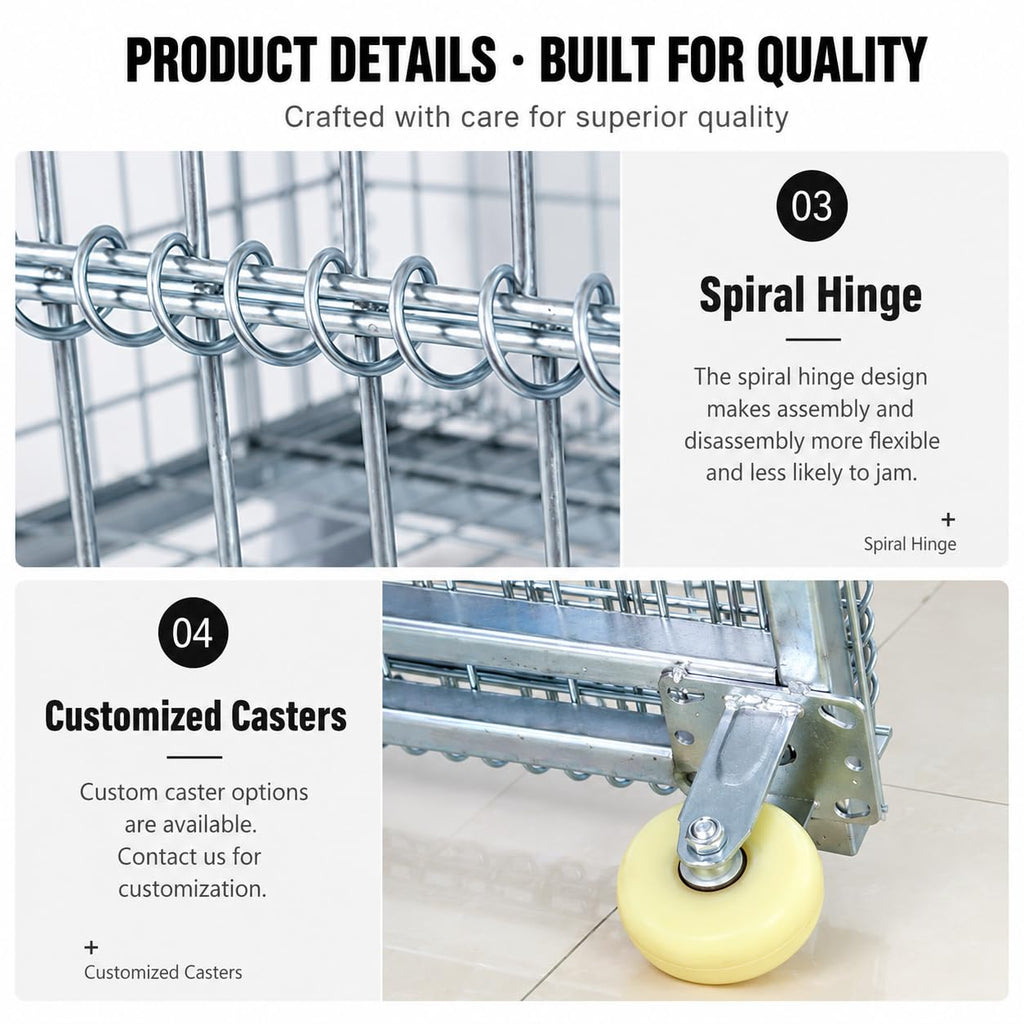 Mobile Wire Mesh Storage Cage with Caster Wheels, Stackable Foldable Warehouse Wire Container with Drop Gate