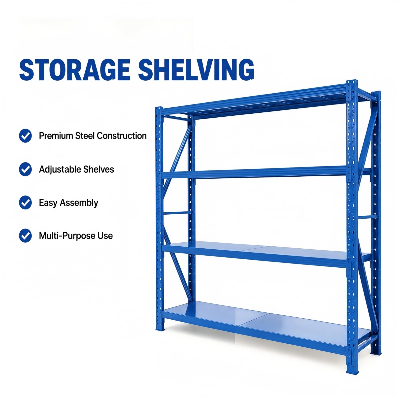 Blue 4-Tier Heavy Duty Storage Rack, Adjustable Steel Warehouse Shelving Unit