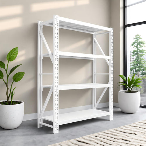 4-Tier White Heavy Duty Adjustable Industrial Steel Shelving Unit, Warehouse Storage Rack with Solid Steel Deck Panels