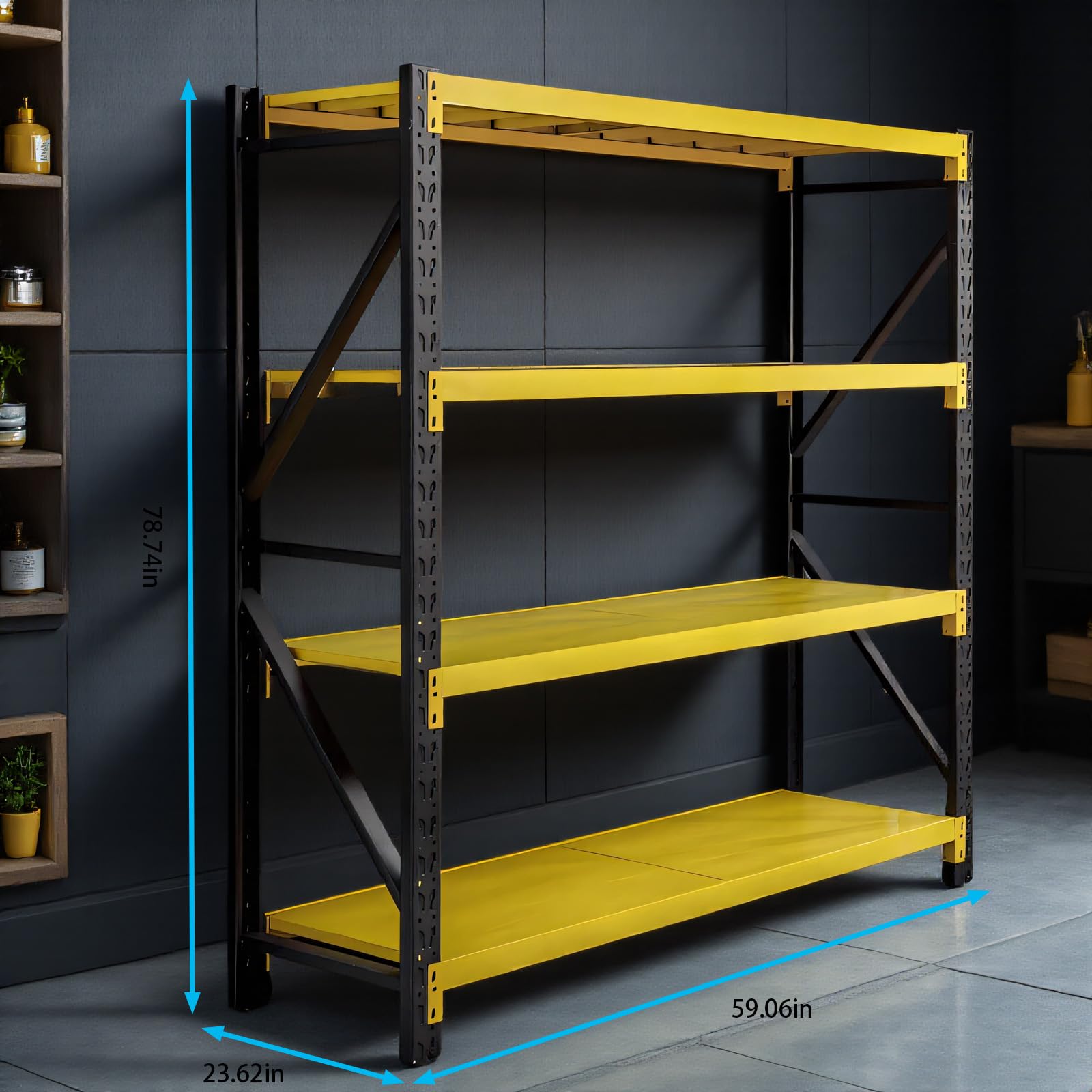 4-Tier Heavy Duty Teardrop Industrial Steel Shelving Unit, Black & Yellow Adjustable Warehouse Storage Rack with Steel Deck Panels