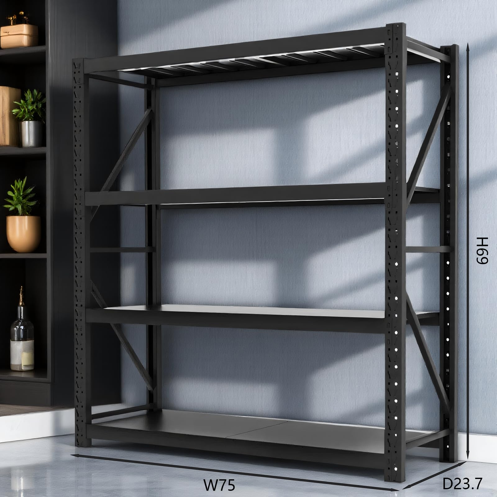 Black 4-Tier Heavy Duty Metal Storage Rack, Adjustable Warehouse Shelving Unit