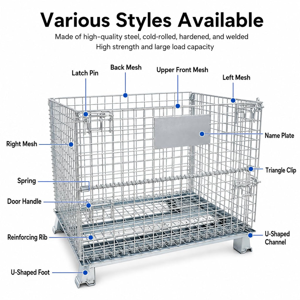 Mobile Wire Mesh Storage Cage with Caster Wheels, Stackable Foldable Warehouse Wire Container with Drop Gate