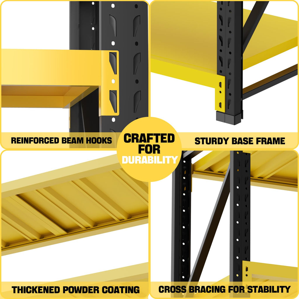 4-Tier Heavy Duty Teardrop Industrial Steel Shelving Unit, Black & Yellow Adjustable Warehouse Storage Rack with Steel Deck Panels