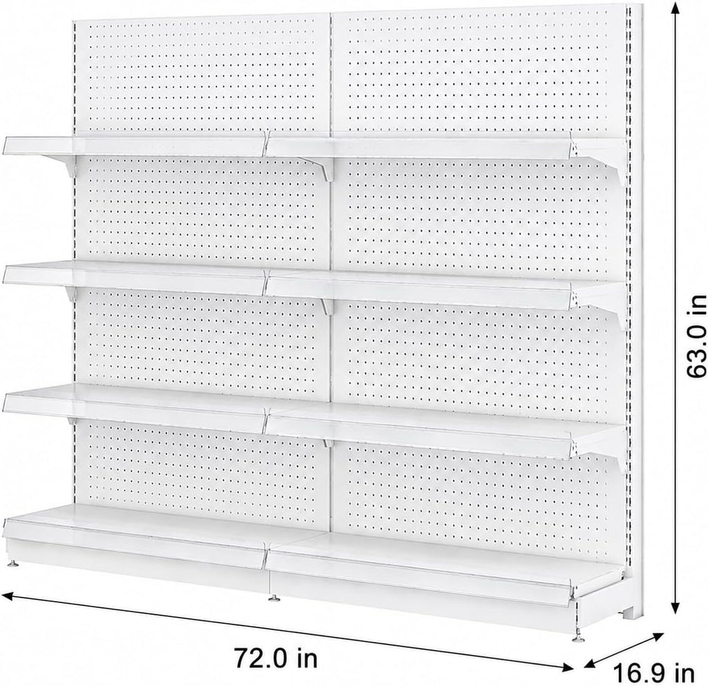 White pegboard shelving with 72-inch width, 16.9-inch depth and 63-inch height labels