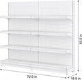 White pegboard shelving with 72-inch width, 16.9-inch depth and 63-inch height labels