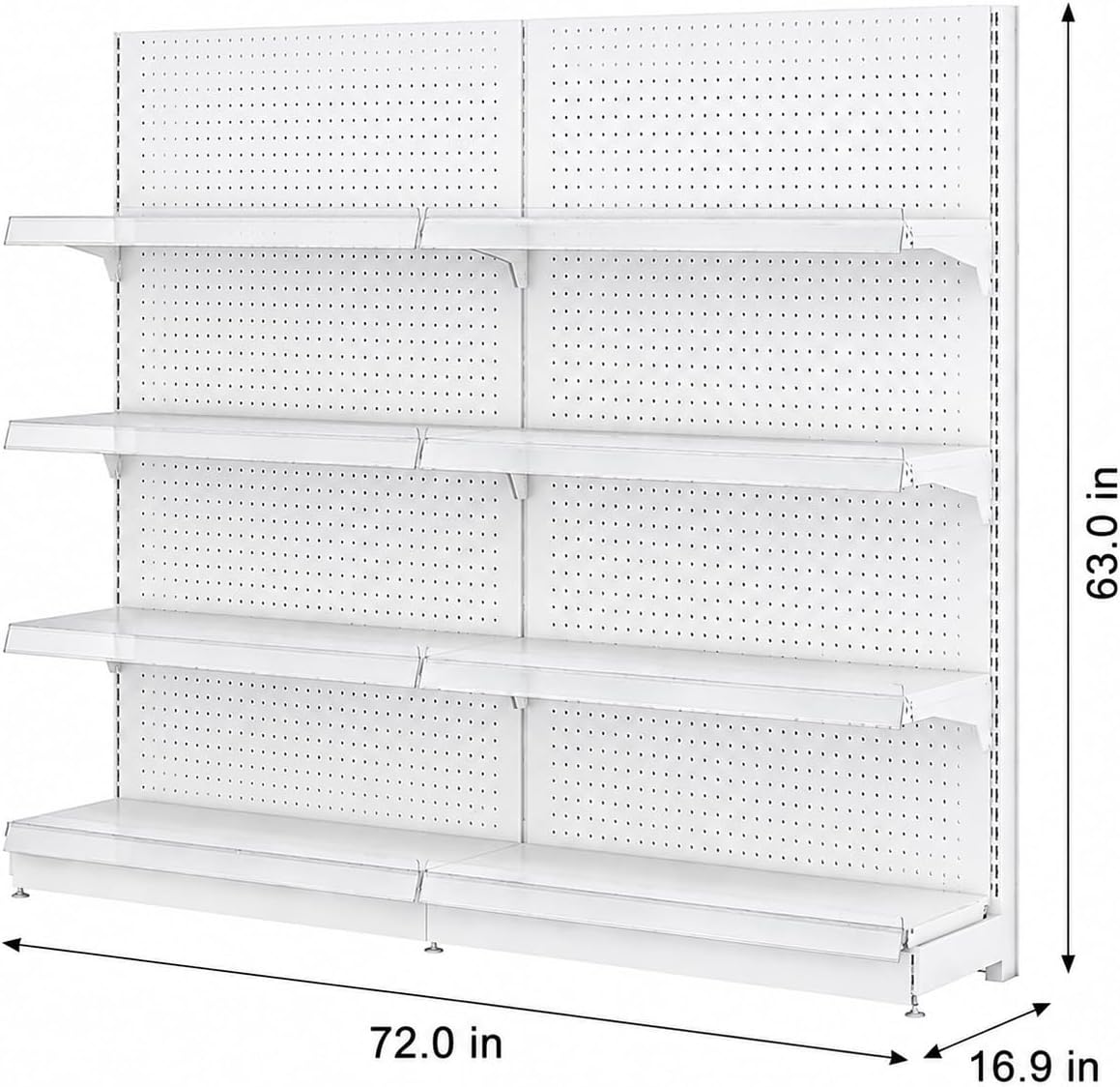 White pegboard shelving with 72-inch width, 16.9-inch depth and 63-inch height labels