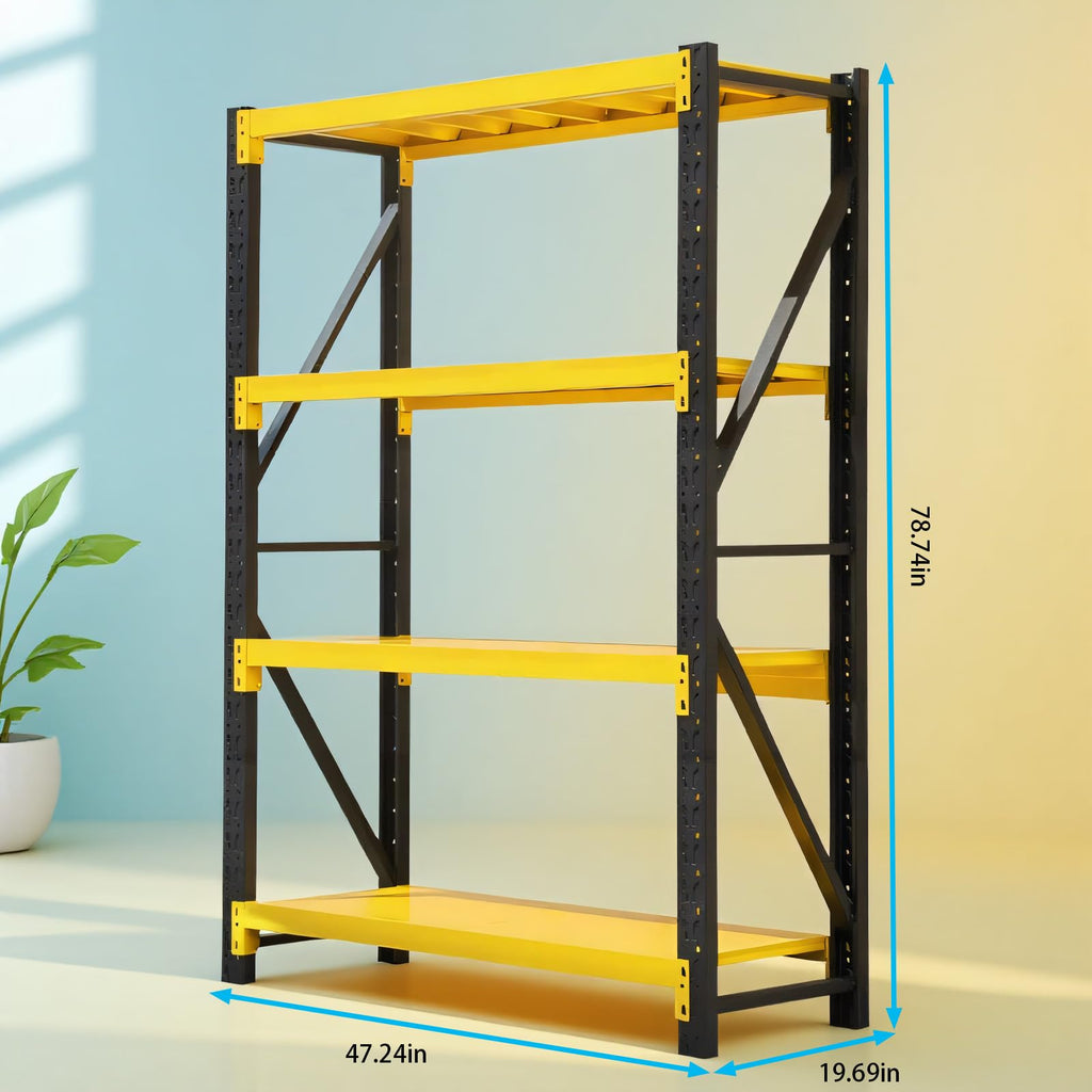 4-Tier Heavy Duty Teardrop Industrial Steel Shelving Unit, Black & Yellow Adjustable Warehouse Storage Rack with Steel Deck Panels