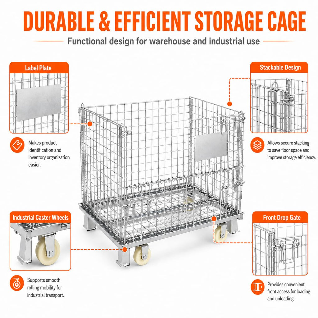 Mobile Wire Mesh Storage Cage with Caster Wheels, Stackable Foldable Warehouse Wire Container with Drop Gate