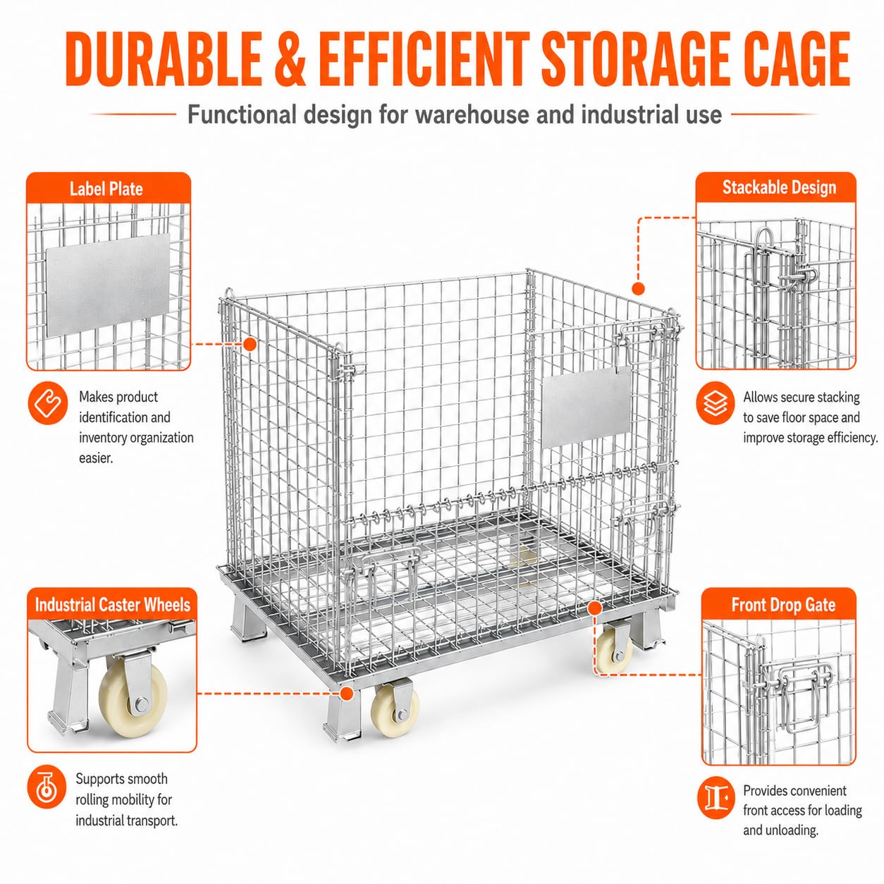 Mobile Wire Mesh Storage Cage with Caster Wheels, Stackable Foldable Warehouse Wire Container with Drop Gate