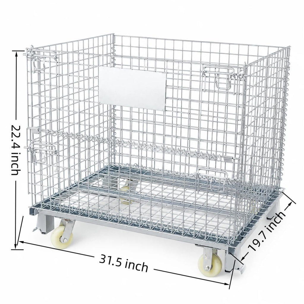 Mobile Wire Mesh Storage Cage with Caster Wheels, Stackable Foldable Warehouse Wire Container with Drop Gate