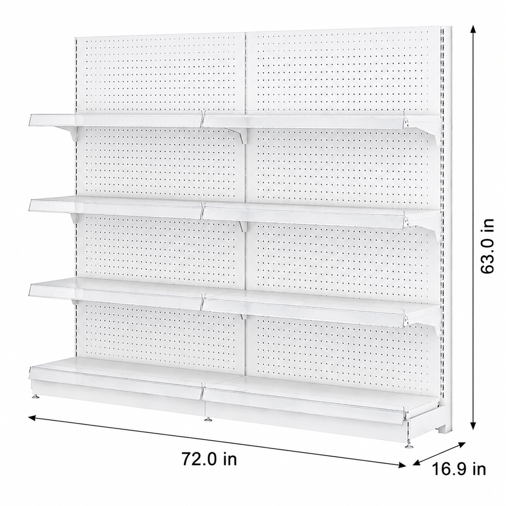 White Pegboard Retail Gondola Shelving Unit, Double Sided Grocery Convenience Store Display Rack