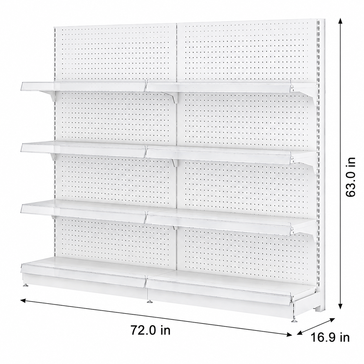 White Pegboard Retail Gondola Shelving Unit, Double Sided Grocery Convenience Store Display Rack