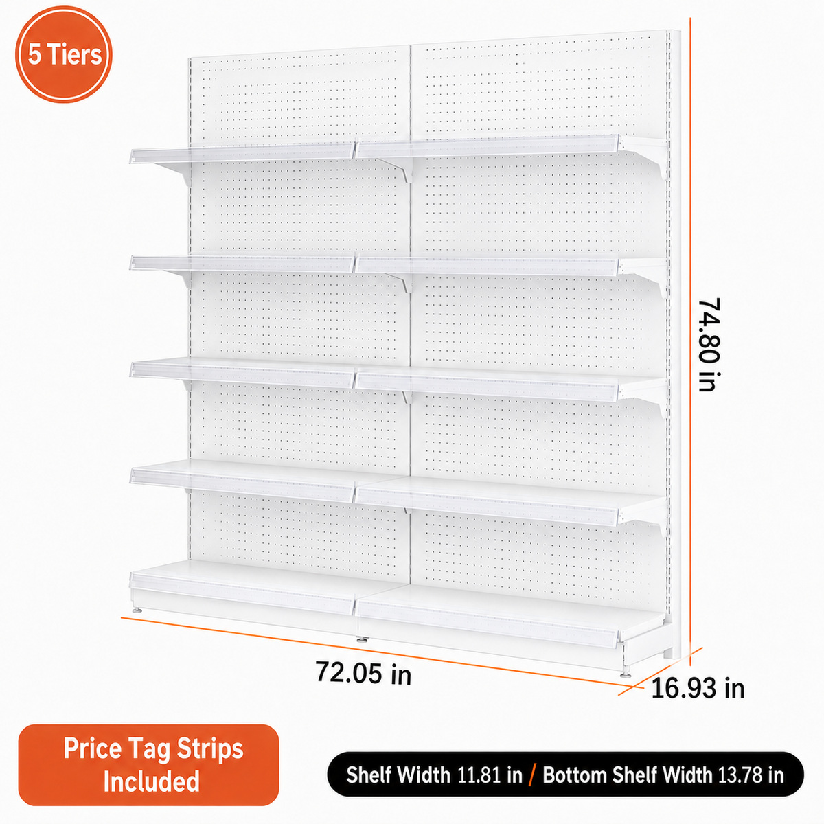 White five-tier pegboard wall shelving, 72.05-inch-wide dimension diagram