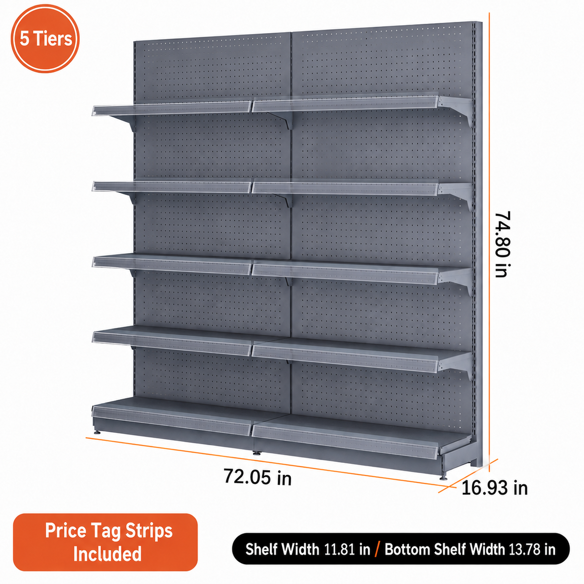 Black gray five-tier wall gondola shelving, 72.05-inch-wide dimension diagram