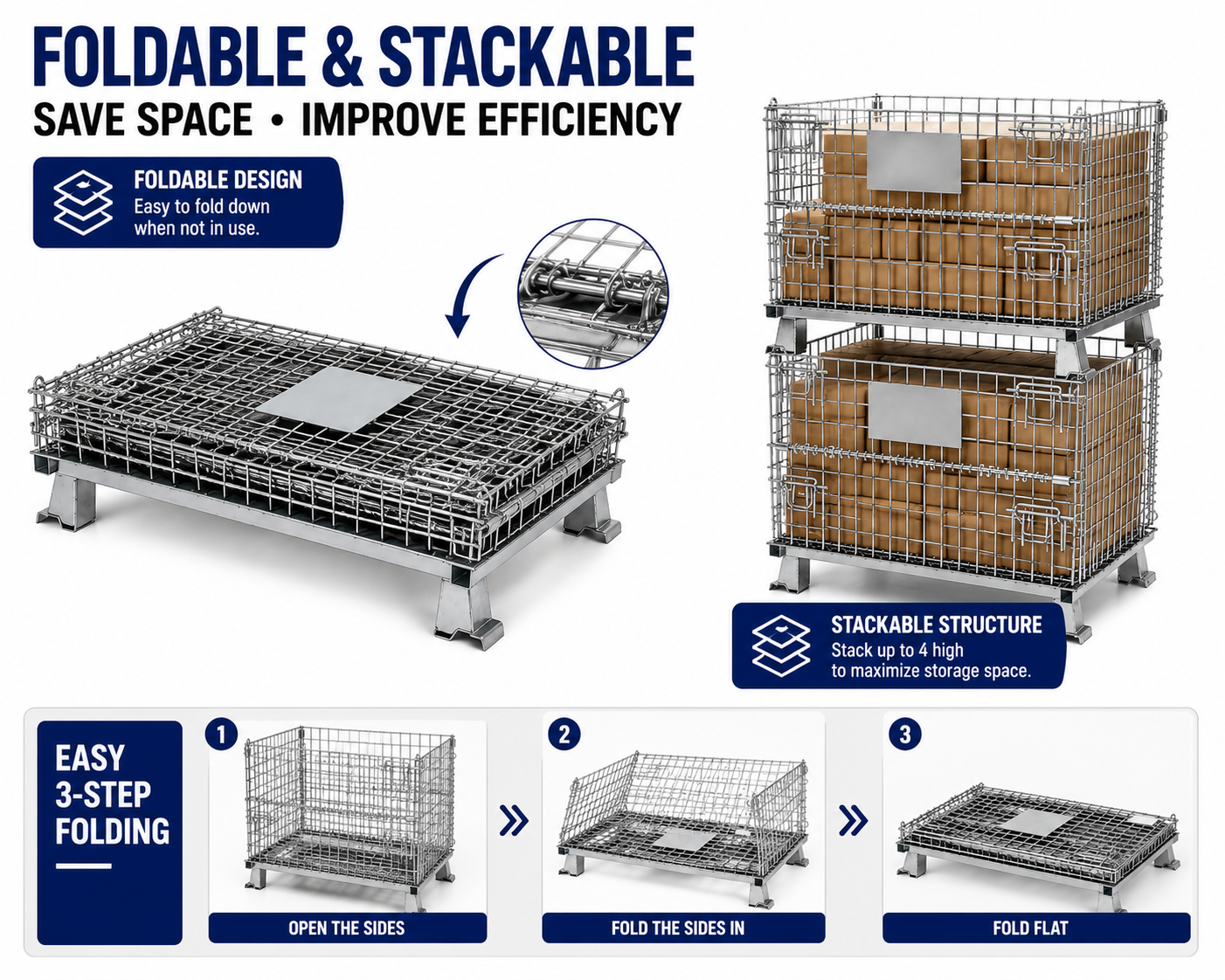 Collapsible Galvanized Wire Mesh Container | Stackable Metal Storage Stillage Cage Warehouse Pallet Bin with Front Gate