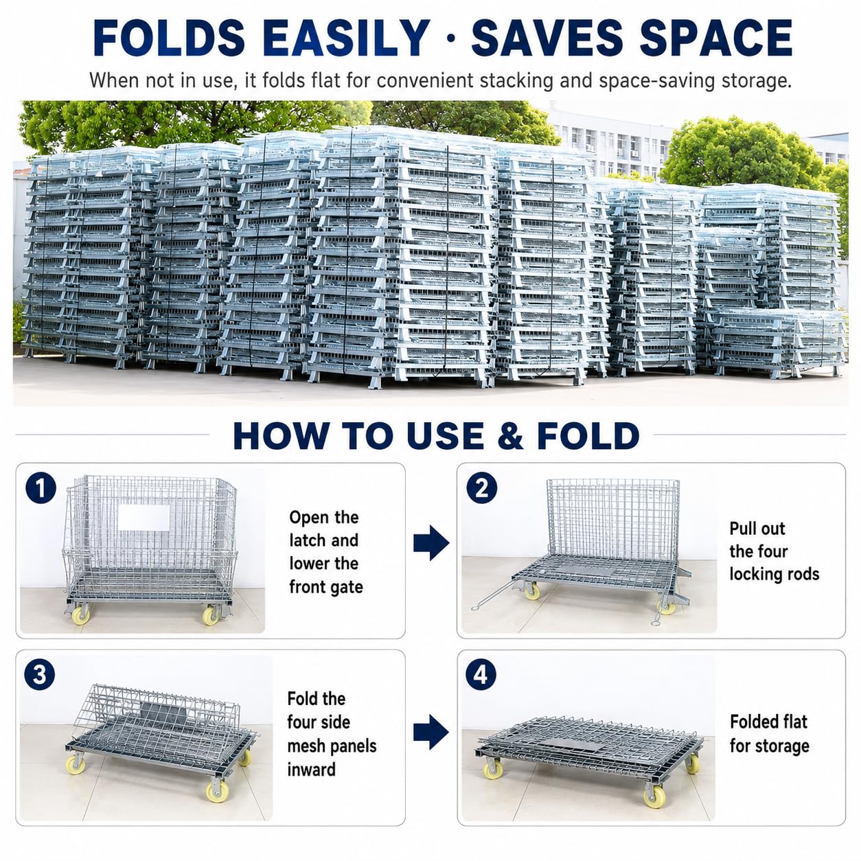 Mobile Wire Mesh Storage Cage with Caster Wheels, Stackable Foldable Warehouse Wire Container with Drop Gate