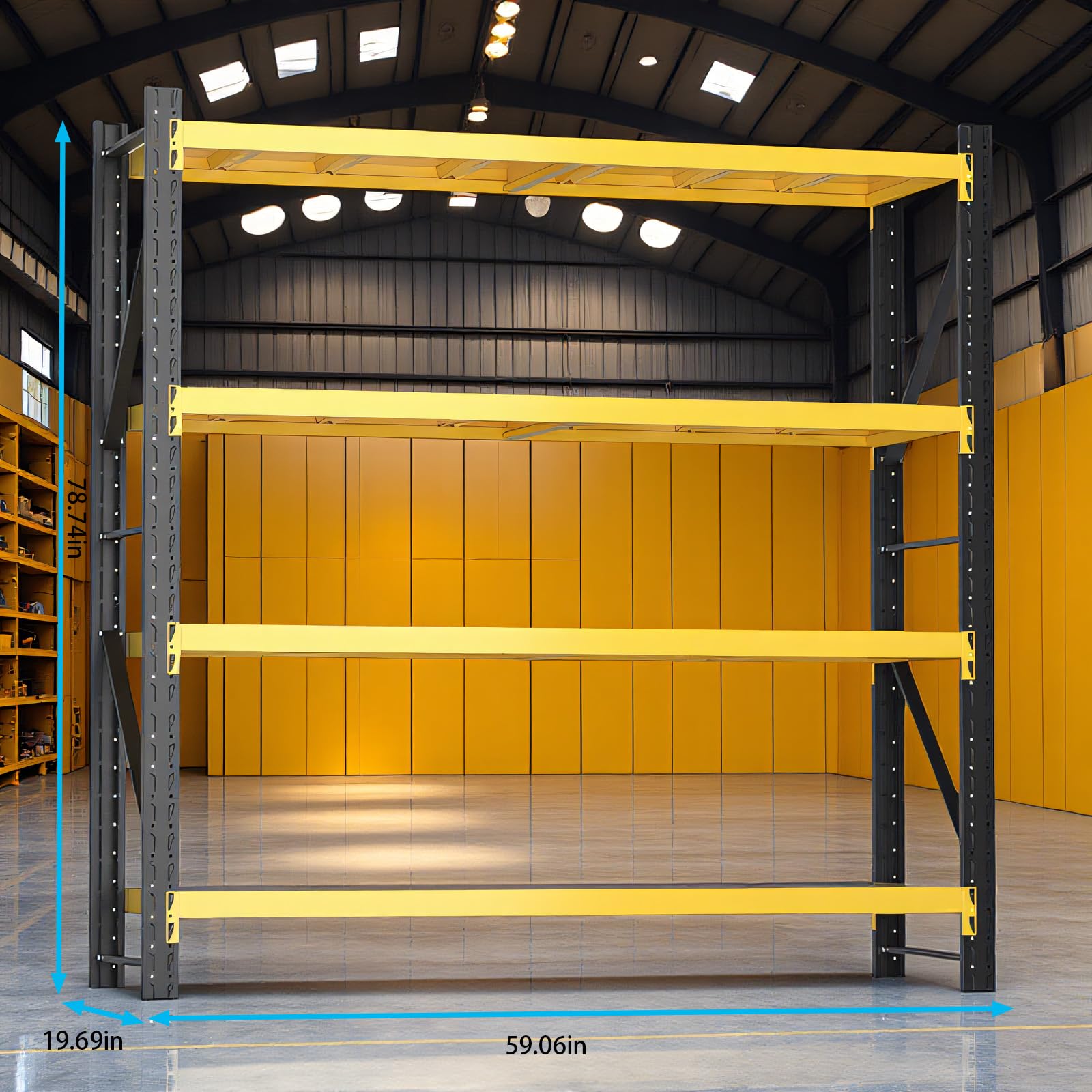 4-Tier Heavy Duty Teardrop Industrial Steel Shelving Unit, Black & Yellow Adjustable Warehouse Storage Rack with Steel Deck Panels