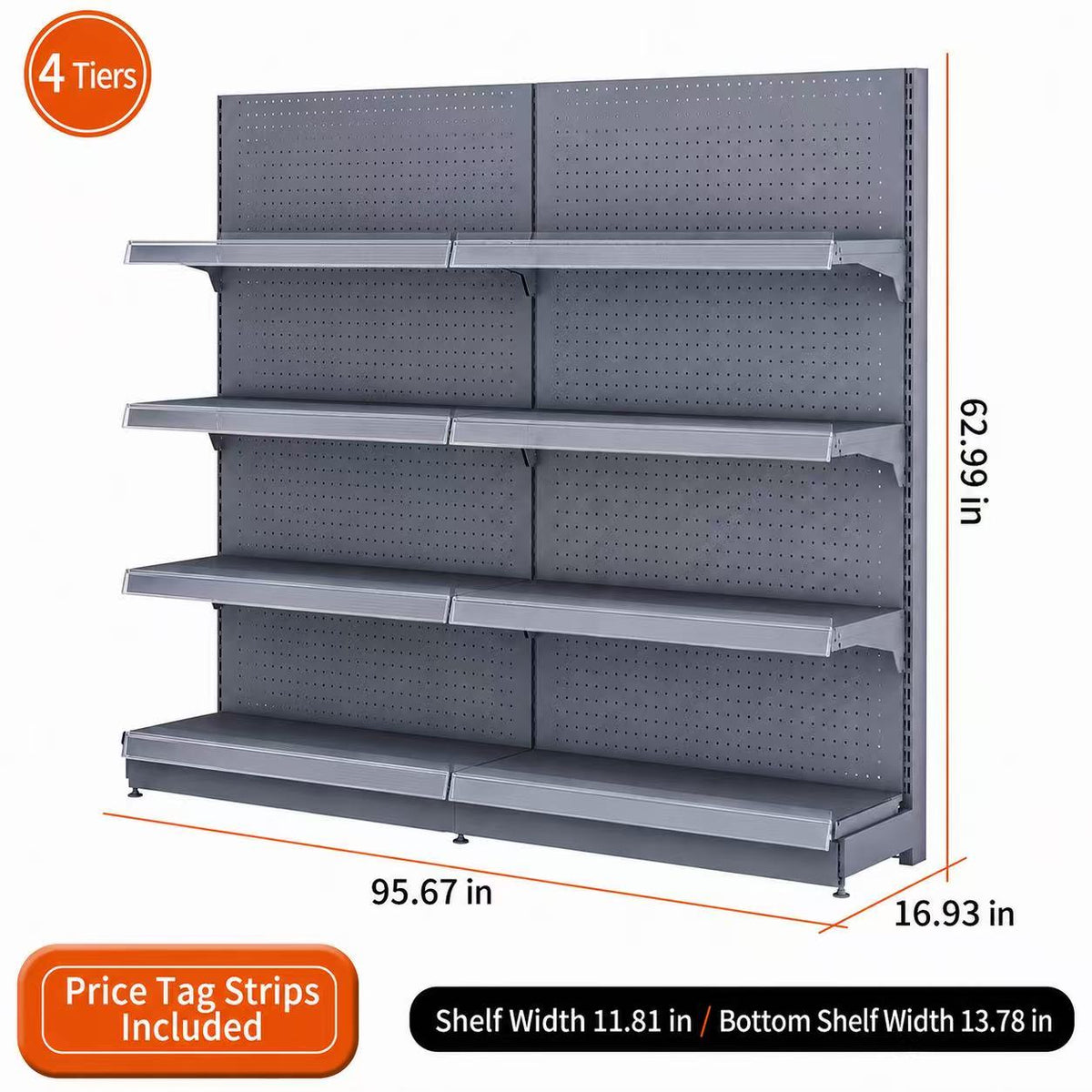 Black gray four-tier wall gondola shelving, 95.67-inch-wide dimension diagram