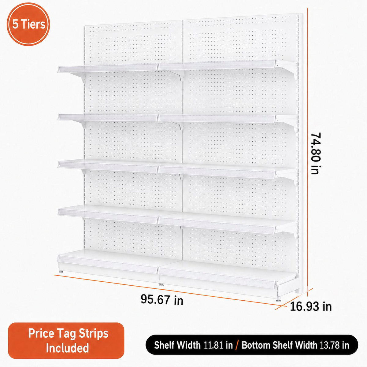White five-tier pegboard wall shelving, 95.67-inch-wide dimension diagram