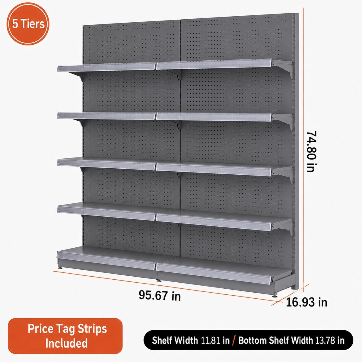 Black gray five-tier wall gondola shelving, 95.67-inch-wide dimension diagram
