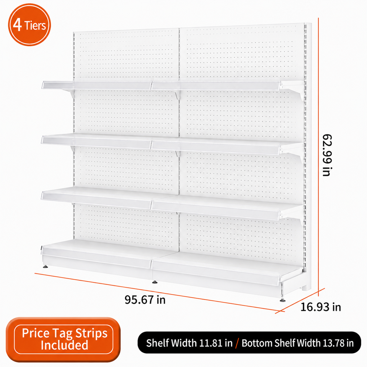 White four-tier pegboard wall shelving, 95.67-inch-wide dimension diagram