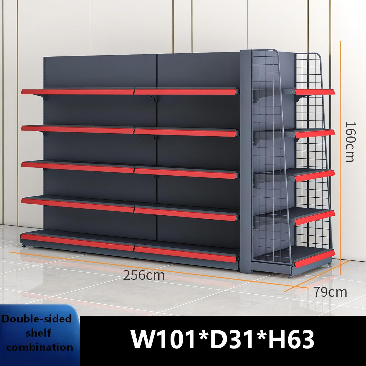 Black double-sided combo gondola shelving dimension diagram: W101 × D31 × H63 inches
