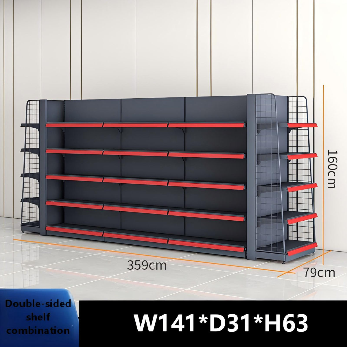 Black double-sided combo gondola shelving dimension diagram: W141 × D31 × H63 inches