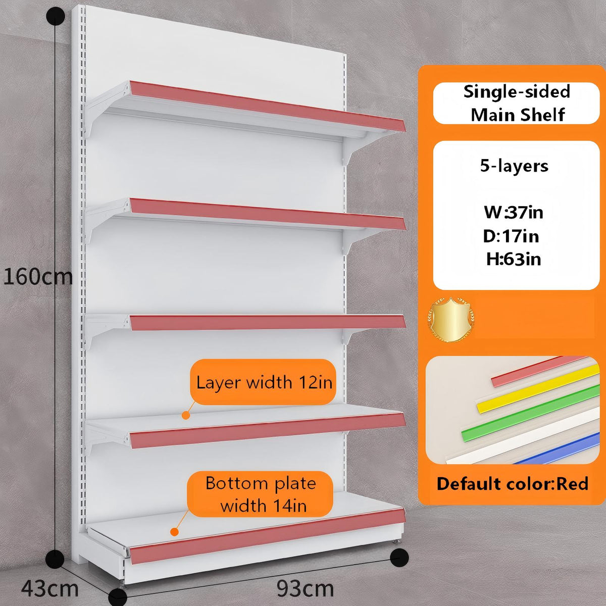 White single-sided gondola shelving dimension diagram: W37 × D17 × H63 inches
