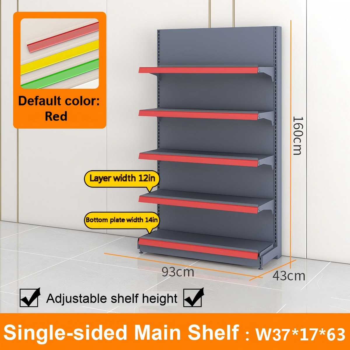 Black single-sided gondola shelving dimension diagram: W37 × D17 × H63 inches