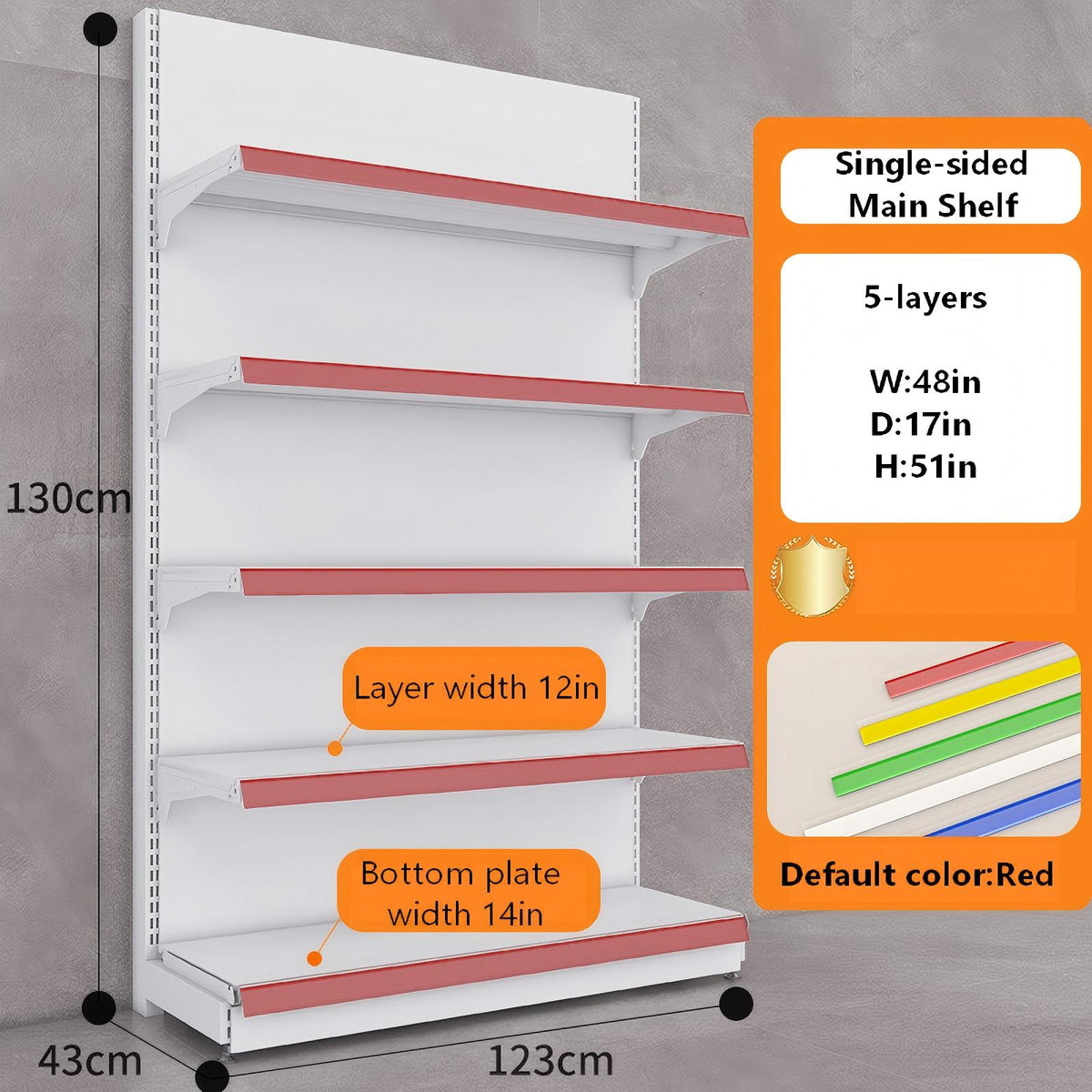 White single-sided gondola shelving dimension diagram: W48 × D17 × H51 inches