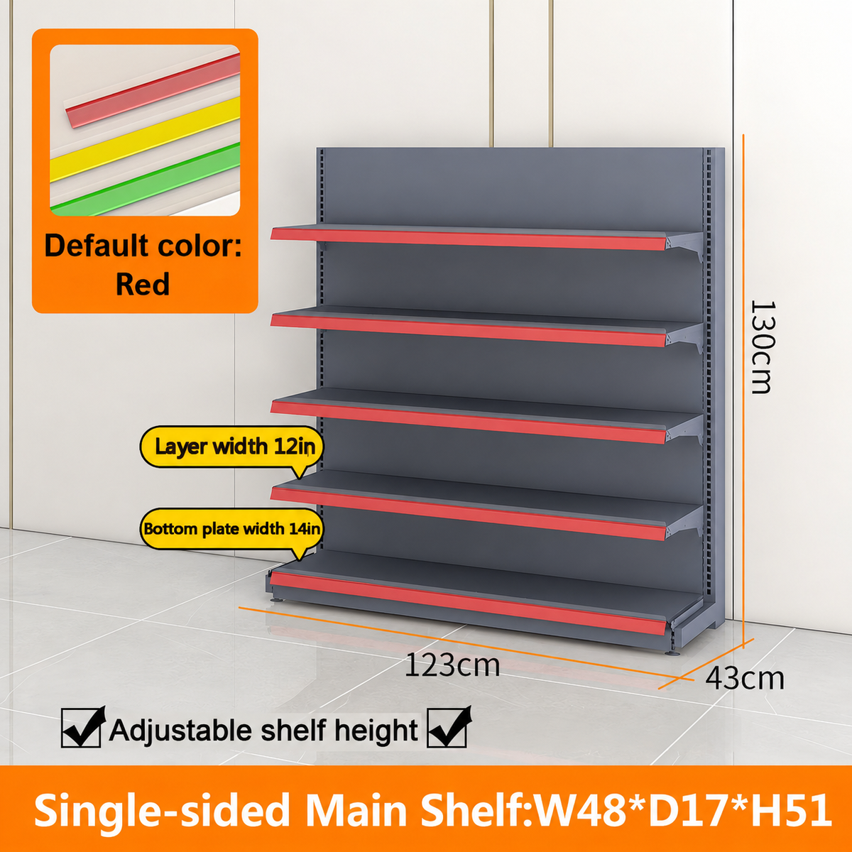 Black single-sided gondola shelving dimension diagram: W48 × D17 × H51 inches