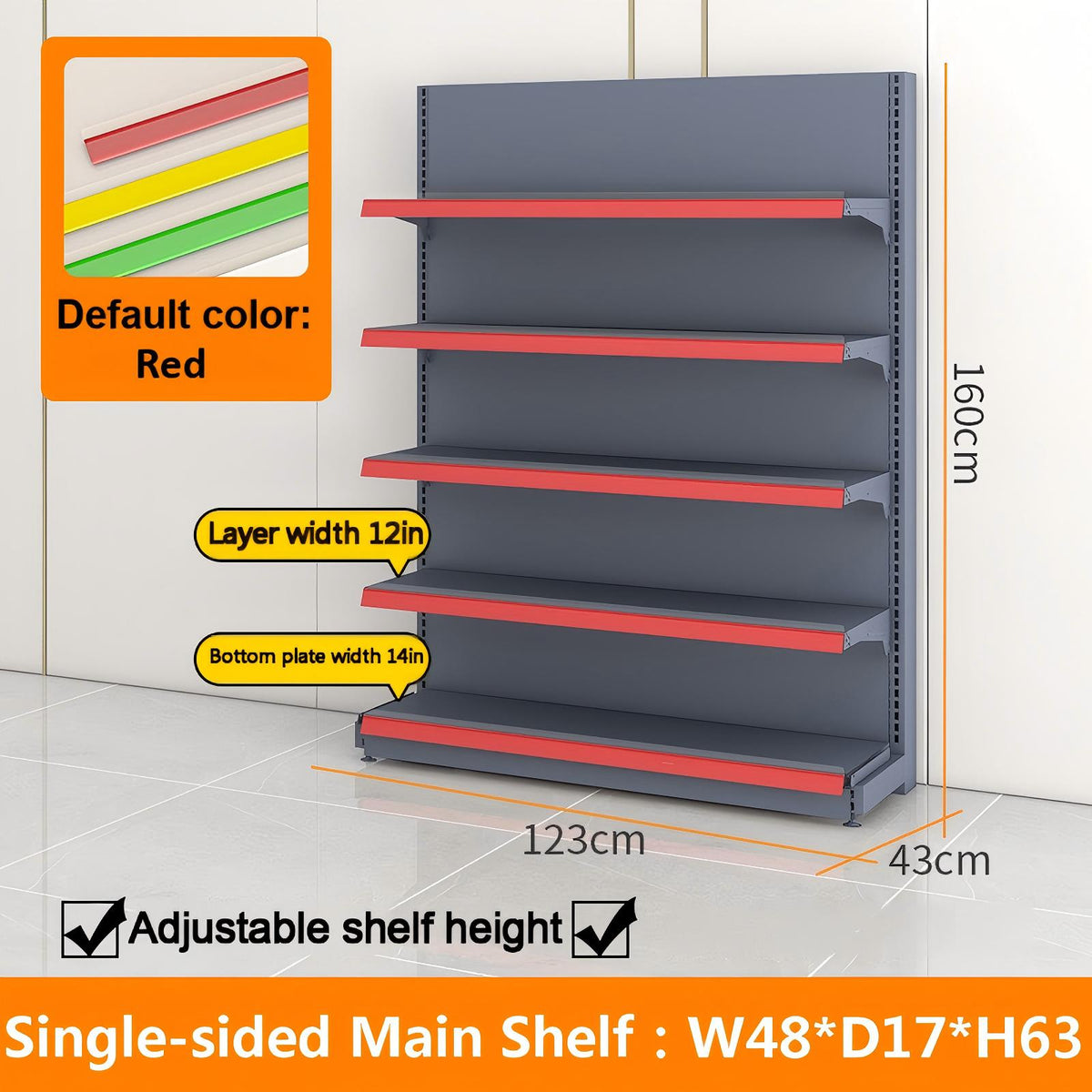 Black single-sided gondola shelving dimension diagram: W48 × D17 × H63 inches